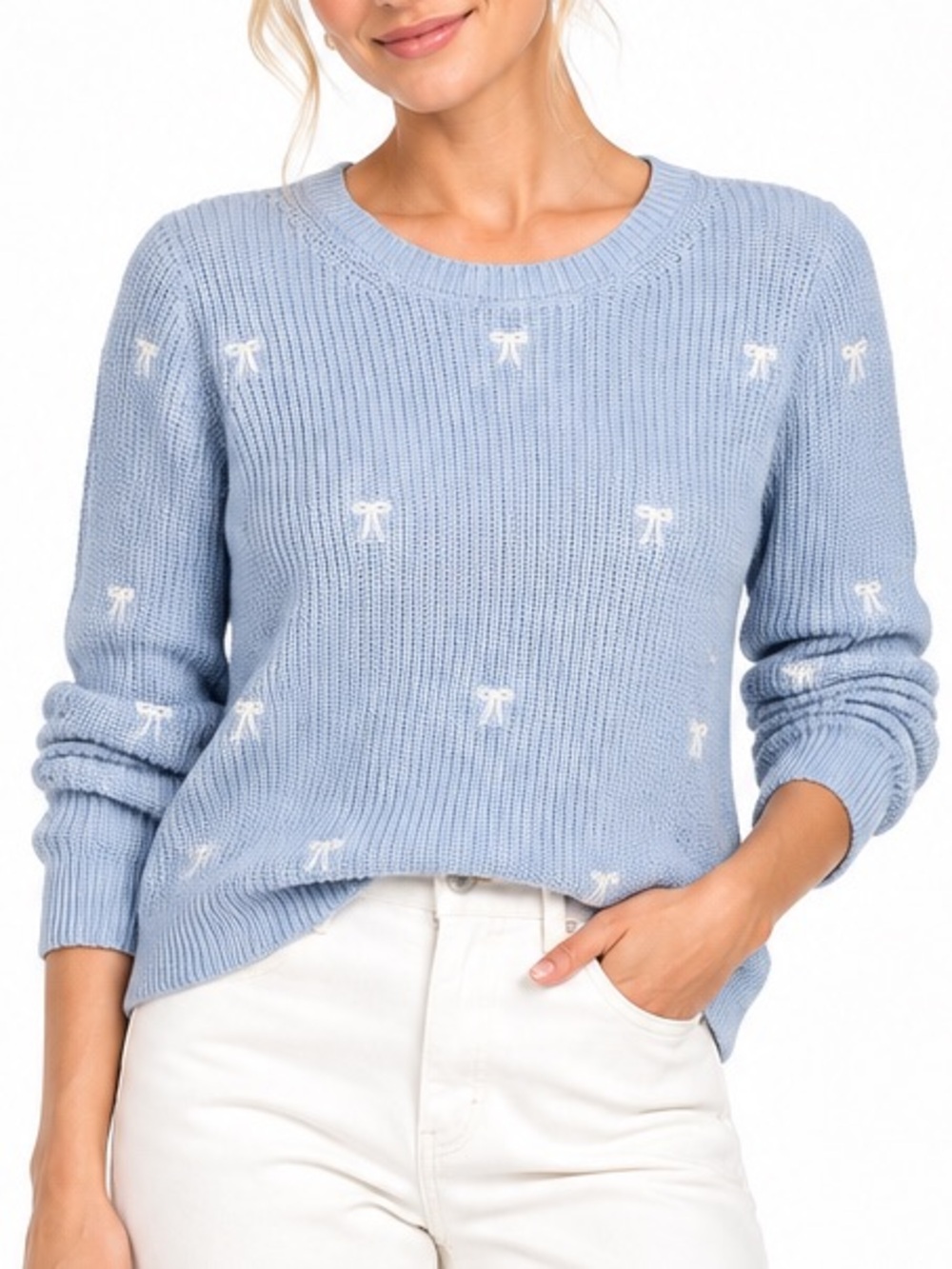 Lucky Brand Bow Embroidered Sweater Baby Blue Coquette Preppy Cotton Blend L